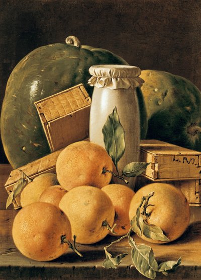 Still Life of Oranges, Watermelon, a Pot and Boxes of Cake by Luis Egidio Melendez